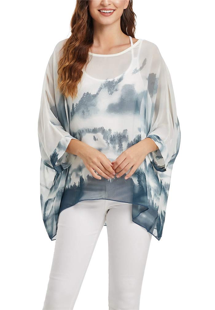 Vanbuy Womens Summer Printed Batwing Sleeve Top Chiffon Poncho Flowy Loose Sheer Blouse Shirt Tunic Z336-43-4355 - Image 1